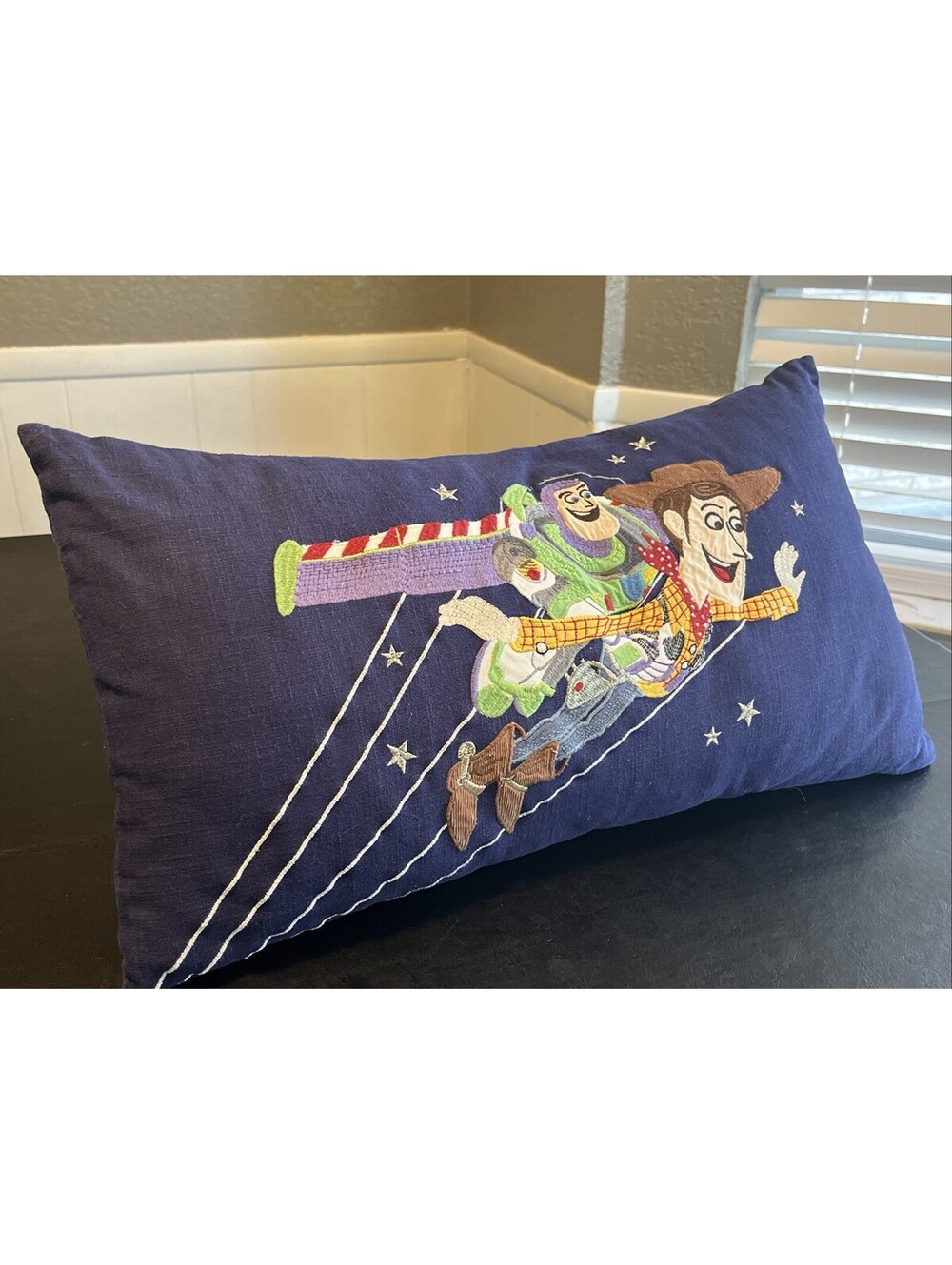 Pottery Barn Kids Toy Story Woody & Buzz Navy Embroidered Cotton Pillow 12x21